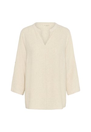 Top in lino beige con colletto a V, maniche a tre quarti e vestibilità comoda. Tessuto testurizzato con un leggero motivo a grana.