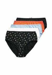 Vijf paren dames katoen onderbroeken in zwart, oranje, blauw, wit en lichtblauw, met decoratieve strikjes en een bloemenpatroon op het zwarte paar.