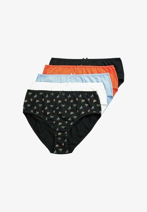 Pět párů dámských bavlněných kalhotek v černé, oranžové, modré, bílé a světle modré barvě s dekorativními mašlemi a květinovým vzorem na černém páru.