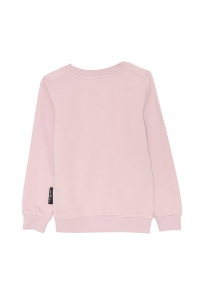 Felpa a maniche lunghe di colore rosa chiaro con polsini e fondo a costine, scollo rotondo e una piccola etichetta nera in tessuto sul lato sinistro.