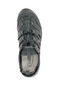 Grauer Sportschuh mit strukturierten Oberflächen, Mesh-Einsätze, elastischen Schnürsenkeln und gepolsterter Lasche; verfügt über eine gepolsterte Innensohle für Komfort.