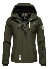 Olive green softshell jacket with a zippered front, adjustable hood, multiple zippered pockets, and embroidered logo accents.