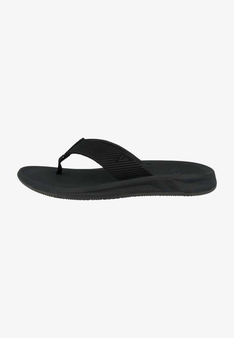 Sandale flip-flop negre cu un superior din cauciuc texturat, având un design cu bretele între degete și o talpă din cauciuc conturată pentru confort.