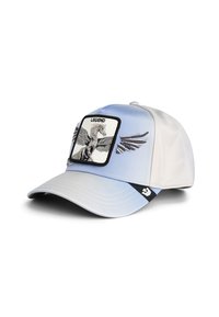 Baseball cap with a light blue ombre design. Features a winged horse graphic patch and black accents, with a structured visor.