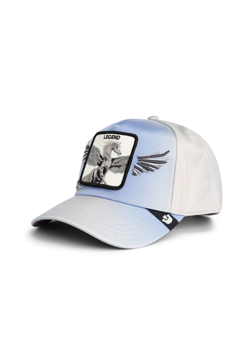 Baseball cap with a light blue ombre design. Features a winged horse graphic patch and black accents, with a structured visor.