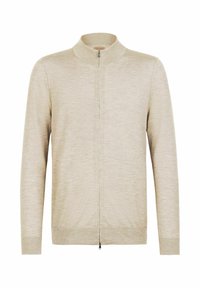 Beige, leichter Cardigan mit hohem Kragen, durchgehendem Reißverschluss und langen Ärmeln. Besitzt eine glatte, strukturierte Oberfläche.