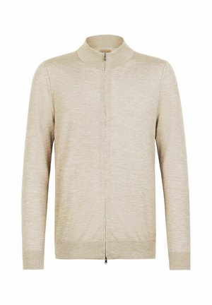 Beige, lätt cardigan med hög krage, fullständig dragkedja framtill och långa ärmar. Har en mjuk, texturerad yta.