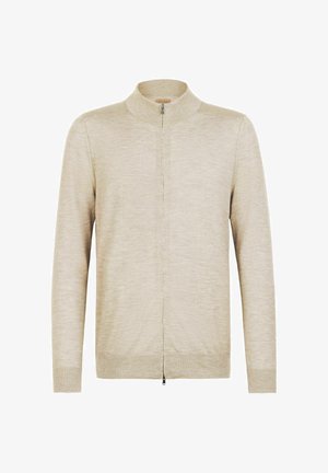 Beige, lätt cardigan med hög krage, fullständig dragkedja framtill och långa ärmar. Har en mjuk, texturerad yta.