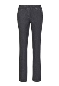 Pantalons en denim gris avec une taille élastique, coupe droite et deux poches avant. Le tissu présente une texture subtile et est lisse.
