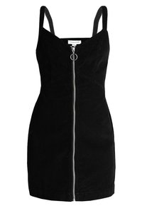 Svart kordfloret klänning med spagettistövlar, en åtsittande silhuett och en dragkedja fram med en metallring att dra i. Enkelt mönster och textur.