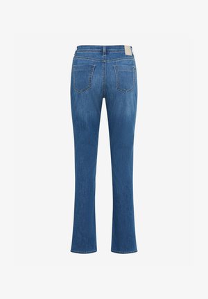 Blue denim jeans with straight legs and two back pockets, shown from the rear on a plain white background.