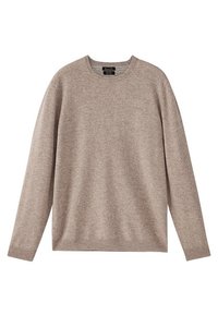 Beżowy sweter z okrągłym dekoltem i długim rękawem, z prążkowanymi mankietami i dołem, wyeksponowany na białym tle.