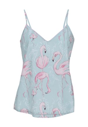 Camiseta azul claro con tirantes finos, con un patrón de flamencos rosas en varias poses y ligeros acentos de hojas.