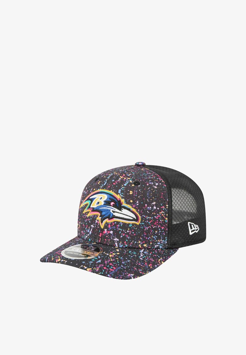 Black adjustable cap featuring a colorful splatter pattern, embroidered Baltimore Ravens logo, and mesh back for ventilation.
