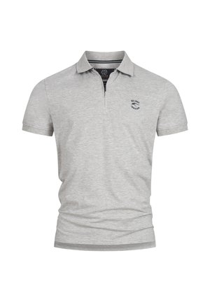 Light grey polo shirt made of cotton blend fabric. Features a classic collar, short sleeves, and a small navy logo on the chest.