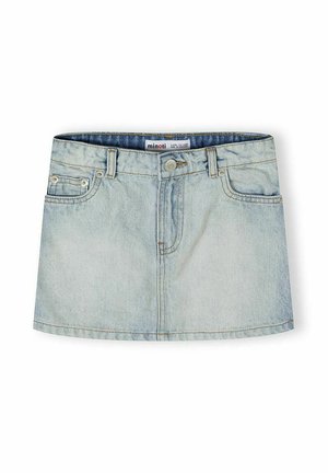 Jasnoniebieska mini spódnica jeansowa z przodu zapinana na guziki i suwak, z pętlami na pasek, dwoma przednimi kieszeniami i małą kieszonką na monety.