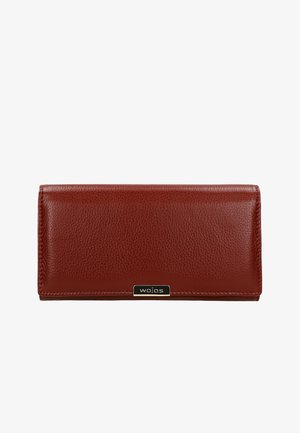 Red leather wallet with textured surface, sleek rectangular shape, and a metallic brand accent. Stitched edges and polished finish.
