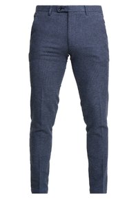 Navy blue tailored trousers in a textured fabric. Features a slim fit, belt loops, button closure, and subtle herringbone pattern.