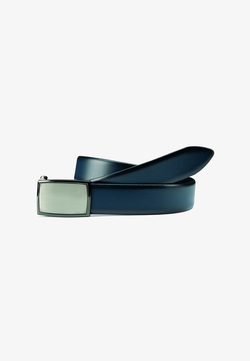 Leather belt in dark blue with a smooth texture and a silver rectangular metal buckle. The design features a clean, minimalist style.
