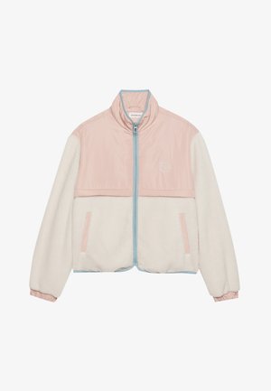 Fleece-lined bomber jacket with a pink nylon upper, cream lower, and blue accents. Features a high collar and side pockets.