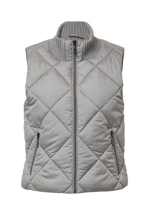 Gepolsterte graue Weste mit hohem Kragen, Frontreißverschluss und zwei Seitentaschen. Hergestellt aus einem gepolsterten Material mit einer glatten Textur.