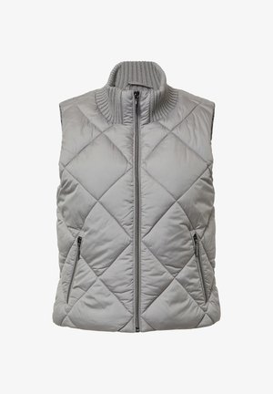 Gepolsterte graue Weste mit hohem Kragen, Frontreißverschluss und zwei Seitentaschen. Hergestellt aus einem gepolsterten Material mit einer glatten Textur.