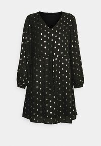 Vestido preto com mangas bufantes longas e decote em V. Apresenta padrões de pontos prateados espalhados e um cinto na cintura para ajuste.