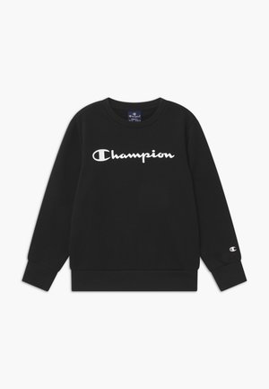 Felpa nera a maniche lunghe con scollo tondo, con il logo bianco "Champion" stampato sul petto e un piccolo logo sul polso sinistro.