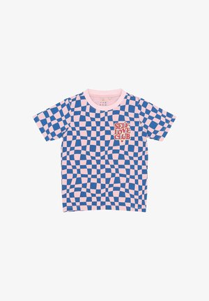 Korte mouwen T-shirt in een geruit patroon van blauw en roze met een "SELF LOVE CLUB" grafische opdruk op de borstzak. Gemaakt van katoen.