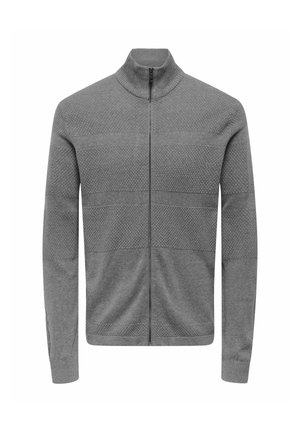 Pilkas zip-up megztinis su tekstūruotu raštu, aukštu apykakle, ilgomis rankovėmis ir briaunotais kraštais apykaklėje ir rankovėse.