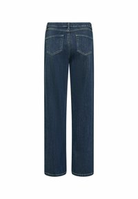 Jeans in denim blu scuro con un design a gamba dritta, cinque tasche e una vita classica. Il tessuto ha una texture liscia con cuciture sottili.