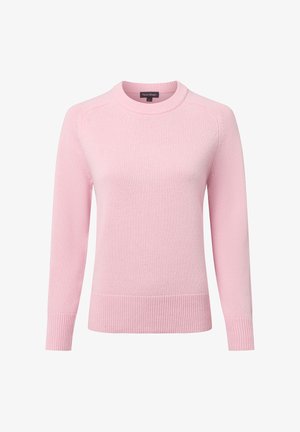 Pull léger rose à col rond, avec des manches longues, des poignets et un ourlet côtelés, une texture douce et des détails de couture subtils aux épaules.