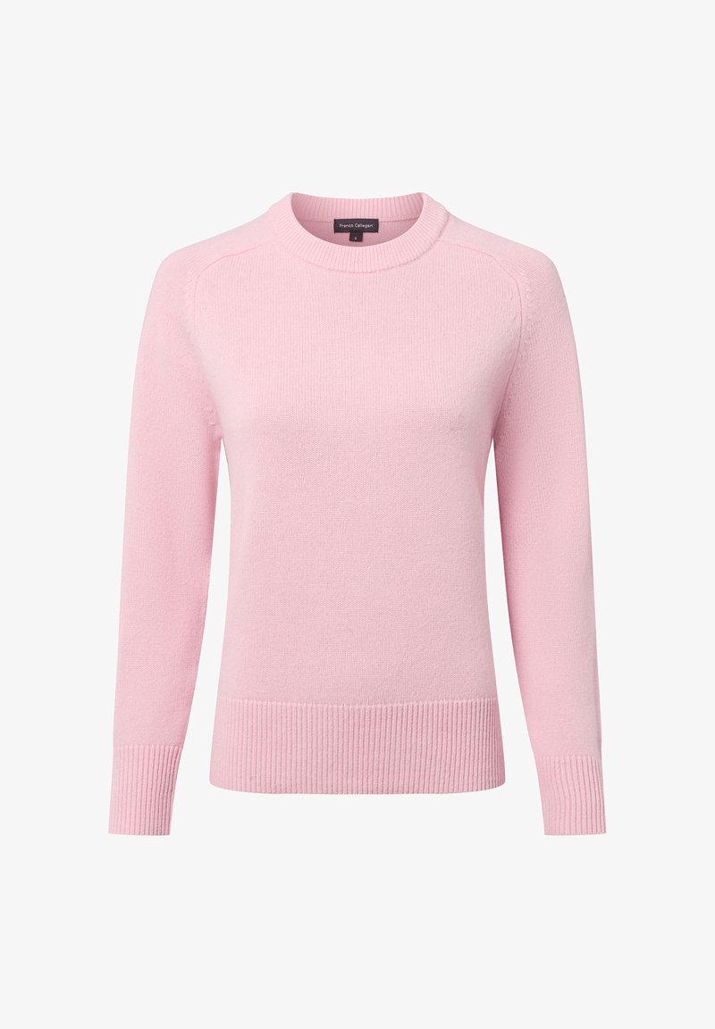 Hellrosa Rundhals-Pullover mit langen Ärmeln, gerippten Bündchen und Saum, weicher Textur und dezenten Stickdetails an den Schultern.