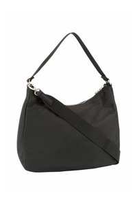 Zwarte schoudertas van nylon met een gebogen vorm, voorzien van een afneembare band en zilverkleurige ritsdetails voor sluiting en designelement.