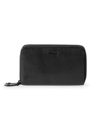Black leather wallet with a smooth texture, zip closure, and a subtle logo accent on the front. Compact rectangular shape.