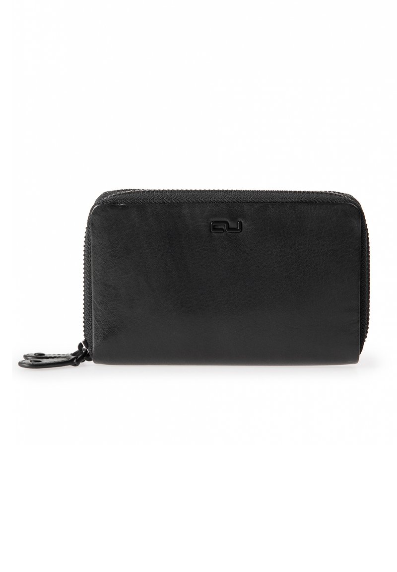 Black leather wallet with a smooth texture, zip closure, and a subtle logo accent on the front. Compact rectangular shape.