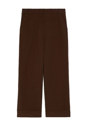 Pantaloni marroni a gamba dritta con tasche frontali e orli risvoltati, mostrati distesi con un design pulito e strutturato.