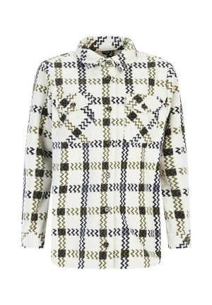 Knopfbare Fleecejacke mit weißem Grund und Zickzack-Karo-Muster in Schwarz und Olivgrün, ausgestattet mit zwei geknöpften Brusttaschen.
