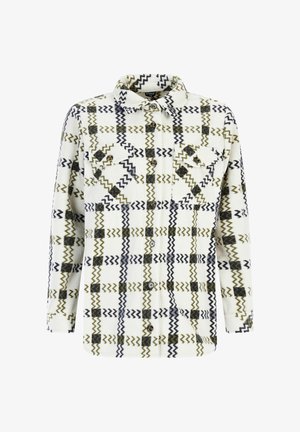 Knap-oplevels fleecejakke med hvid bund og zigzag ternet mønster i sort og olivengrøn, som har to knap-lukkede brystlommer.