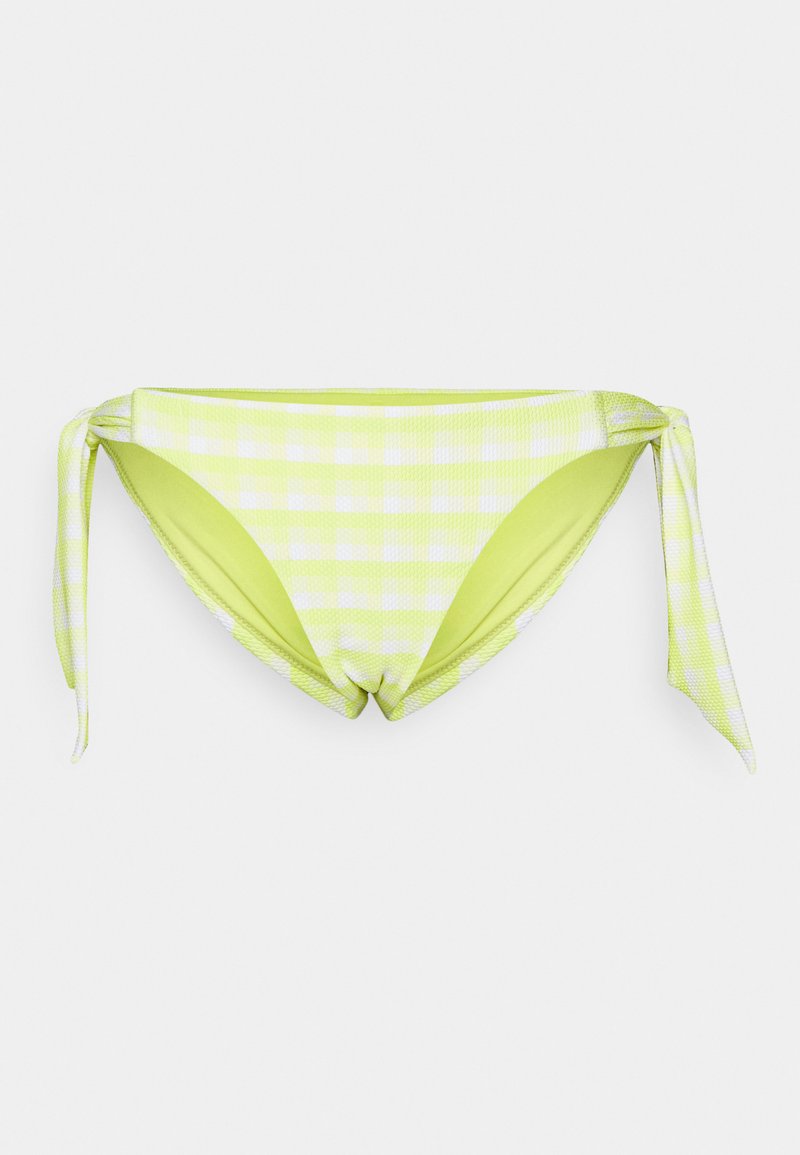 Parte de baixo de bikini em padrão xadrez amarelo com laços laterais ajustáveis. Tecido texturizado com padrão quadriculado. Apresenta um corte baixo e design sem costuras.