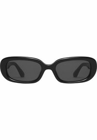 Ochelari de soare rectangulare negre cu lentile întunecate și rame groase din plastic. Prezintă un design rotunjit, neted, cu brațe subțiri.
