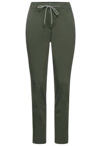 Olive green trousers in a straight-cut design with a drawstring waistband. Made from smooth material, featuring no visible patterns or hardware.
