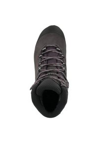 Vaelluskengät tummanharmaasta mokasta, jossa on vahvistettu kärki; varustettu pehmustetulla nilkkakauluksella ja nauhoitussysteemillä, jossa on tummanharmaita ja purppuraisia yksityiskohtia.