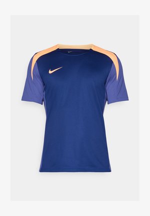 Navyfarbene Sportshirt mit kurzen Ärmeln, orangefarbene Akzente an den Schultern, Nike-Logo auf der Brust, aus glattem Stoff, leicht und feuchtigkeitsableitend.
