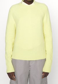 Gelber Strickpullover mit klassischem Rundhalsausschnitt, gerippten Bündchen und Saum, getragen über gestreiften Hosen. Weiche Textur und entspannte Passform.