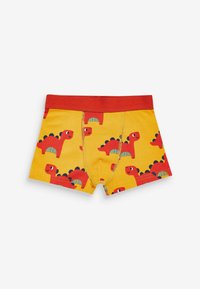 Gele katoenen boxershorts met rode dinosaurusprints, verfraaid met blauwe details en een rode tailleband. Zacht stof met een gladde textuur.