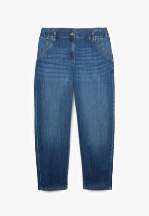 Denim jeans met een medium blauwe wassing, elastische tailleband, ontwerp met vijf zakken en contrasterende stiknaden langs de naden.