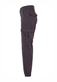 Pantalon cargo gris foncé avec poignets élastiques et poches à rabat sur les côtés et à l'arrière, présenté en vue latérale.