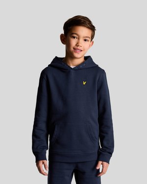 Felpa blu navy con tasca frontale, realizzata in tessuto morbido. Presenta un piccolo logo giallo sul petto e un cappuccio con lacci.