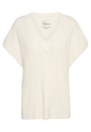 Pulover alb din tricot cu decolteu în V, mâneci scurte și modele împletite pe față. Textură moale și croi lejer.